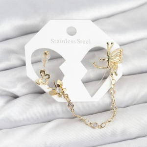 Haydiburaya 103 Kelebekli Model Pirinç Gold Renk Zincir Bağlantılı Ear Cuff Küpe Seti 5886