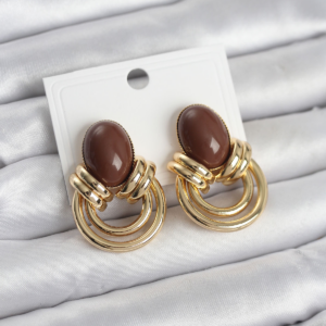Pirinç Gold Renk Kahverengi Taşlı Vintage Kadın Küpe 5886