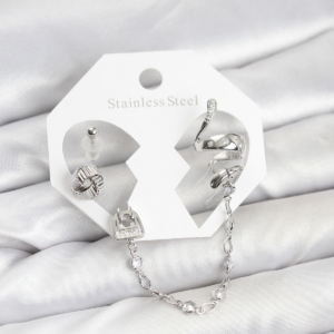 Pirinç Gümüş Renk Yılan Model Zincir Bağlantılı Ear Cuff Küpe Seti 5886