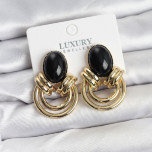Pirinç Gold Renk Siyah Taşlı Vintage Kadın Küpe 5886