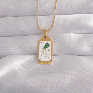 316L Çelik Gold Renk Beyaz Mineli Tarot Kolye 5886
