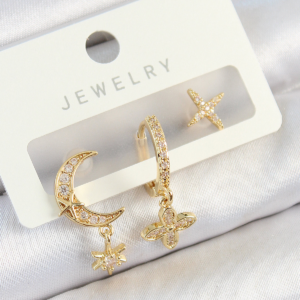 Pirinç Zirkon Taşlı Çiçek Ve Ay Model Gold Renk 3'lü Çift Kadın Küpe Set 5886