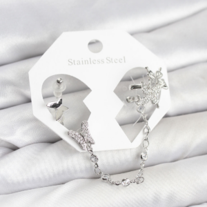 Pirinç Gümüş Renk Kelebek Model Zincir Bağlantılı Ear Cuff Küpe Seti 5886