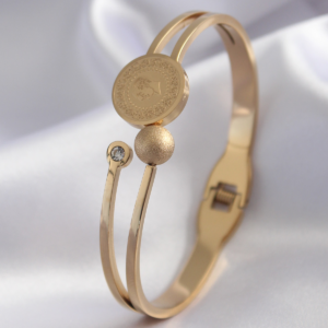 316L Çelik Gold Renk Çeyrek Altın Zirkon Taş Detay Kadın Kelepçe 5886