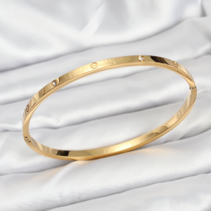 316L Çelik Gold Renk Zirkon Taşlı 65 mm İnce Kadın Kelepçe Bileklik 5886