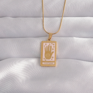 316L Çelik Gold Renk Pembe Mineli El Figür Tarot Kolye 5886