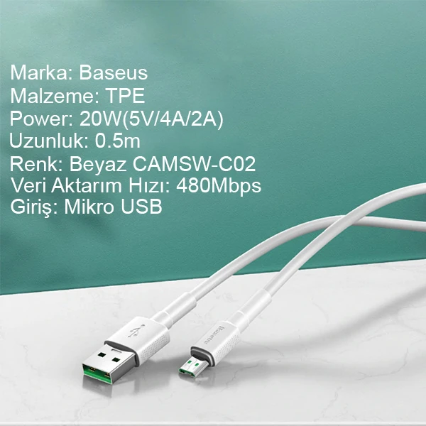 Baseus Mini White Micro USB 4A OPPO VIVO Dash Usb Şarj Kablosu 0.5cm 2 Baseus Mini White Micro USB 4A OPPO VIVO Dash Usb Şarj Kablosu 0.5cm - Görsel 2