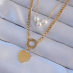 316L Çelik Gold Renk Çift Zincir İnci Detayı Love Kalp Kolye 5886