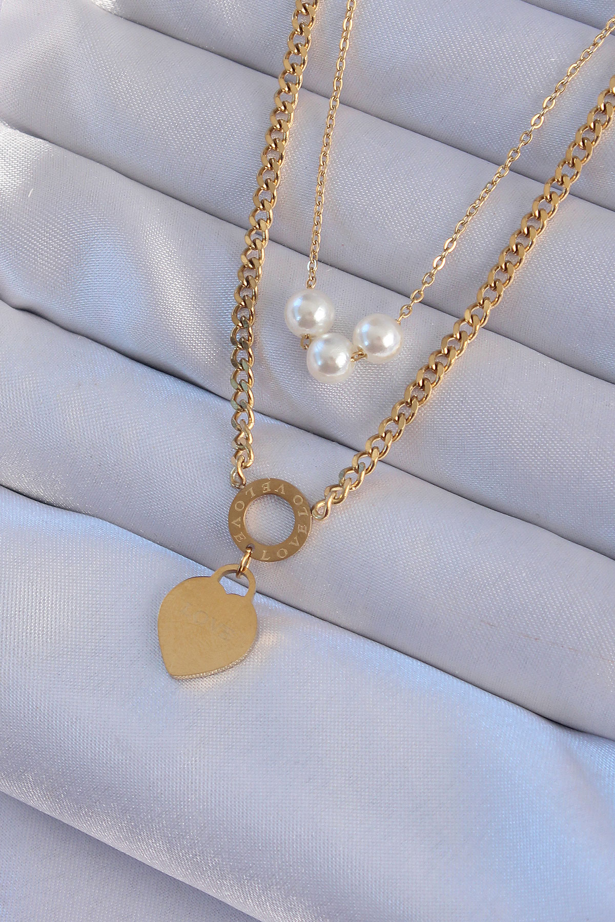 316L Çelik Gold Renk Çift Zincir İnci Detayı Love Kalp Kolye 5886 1 316L Çelik Gold Renk Çift Zincir İnci Detayı Love Kalp Kolye 5886