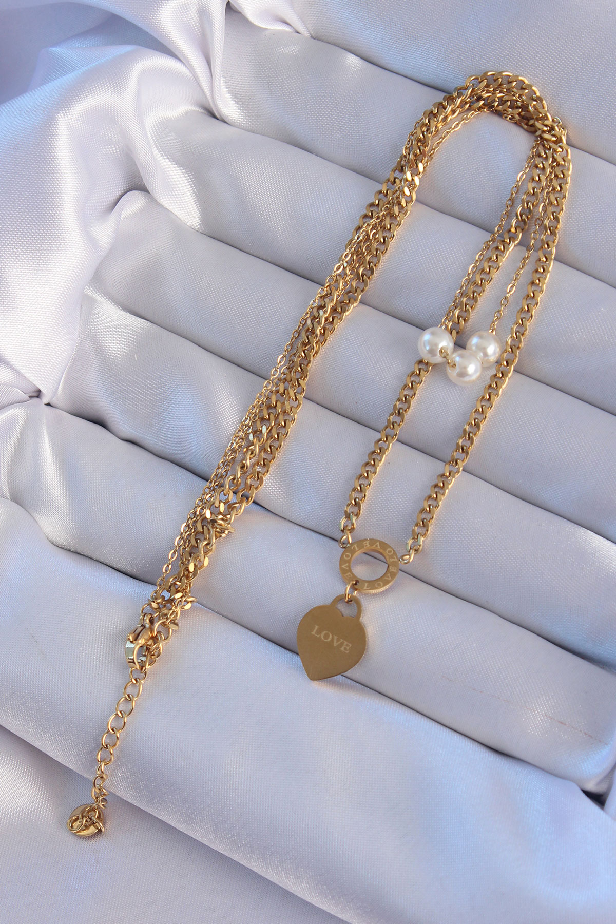 316L Çelik Gold Renk Çift Zincir İnci Detayı Love Kalp Kolye 5886 2 316L Çelik Gold Renk Çift Zincir İnci Detayı Love Kalp Kolye 5886 - Görsel 2