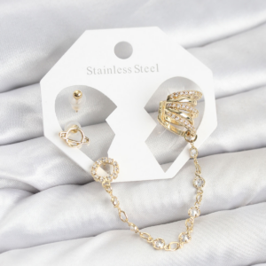 Uzay Model Pirinç Gold Renk Zincir Bağlantılı Ear Cuff Küpe Seti 5886