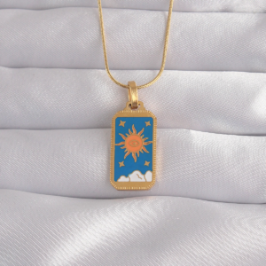 316L Çelik Gold Renk Mavi Mineli Güneş Model Tarot Kolye 5886