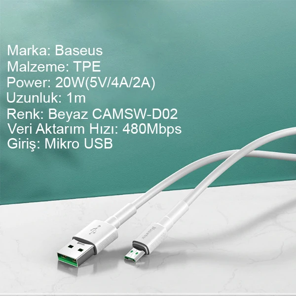 Baseus Mini White Micro USB 4A OPPO VIVO Dash Usb Şarj Kablosu 1Metre 2 Baseus Mini White Micro USB 4A OPPO VIVO Dash Usb Şarj Kablosu 1Metre - Görsel 2
