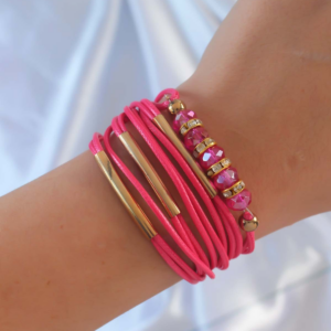 Pembe Renk Zirkon Taşlı Metal Aksesuarlı İpli Çoklu Bileklik 5886