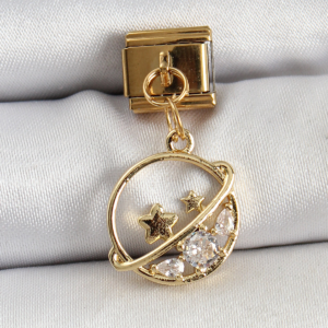 316L Çelik Sallantılı Zirkon Taşlı Satürn Model Gold Renk Nomination Charm 5886