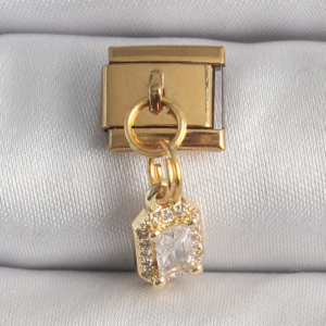 316L Çelik Gold Renk Sallantı Zirkon Taşlı Kare Model Nomination Charm 5886