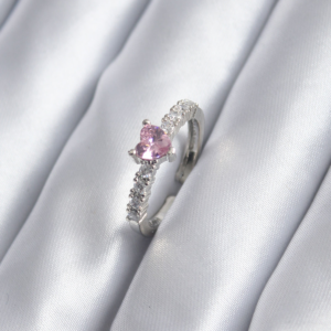 Gümüş Renk Zirkon Taşlı Pembe Kristal Kalp Model Kadın Yüzük 5886