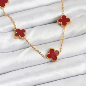 316L Çelik Gold Renk Zincir Bordo Yonca Kadın Kolye 5886