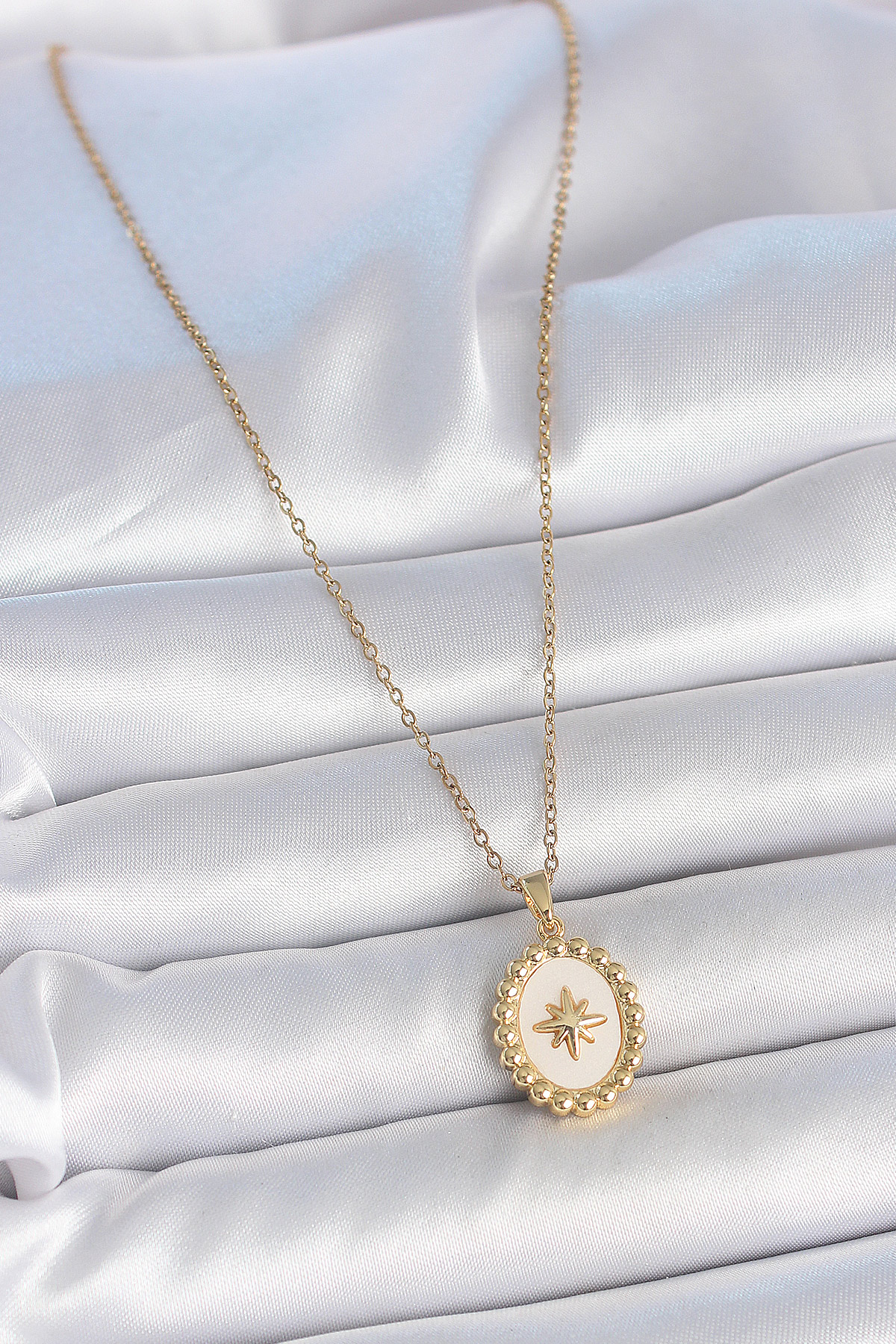 316L Çelik Gold Renk Zincir Beyaz Mineli Kutup Yıldız İşlemeli Madalyon Model Kadın Kolye 5886 2 316L Çelik Gold Renk Zincir Beyaz Mineli Kutup Yıldız İşlemeli Madalyon Model Kadın Kolye 5886 - Görsel 2