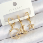 Pirinç Zirkon Taşlı Yıldız Ve Ay Model Gold Renk 3'lü Kadın Küpe Set 5886