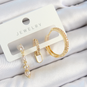 Pirinç Zirkon Taşlı Sallantılı Model Gold Renk 3'lü Çift Kadın Küpe Set 5886