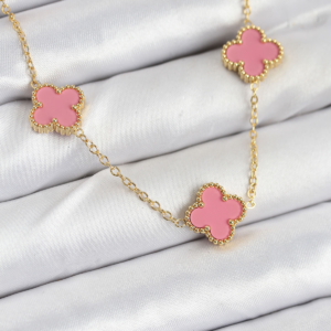 316L Çelik Zincir Gold Pembe Renk Yonca Kadın Kolye 5886