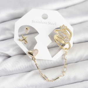 Kalp Yıldız Model Pirinç Gold Renk Zincir Bağlantılı Ear Cuff Küpe Seti 5886