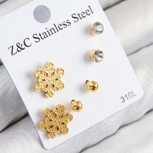 316L Çelik Zirkon Taşlı Kar Tanesi Model Gold Renk Kadın Set Küpe 5886