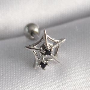 316L Çelik Gümüş Renk Siyah Zirkon Taş Detay Örümcek Ağ Model Tragus Piercing 5886
