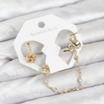 Pirinç Gold Renk Yılan Model Zincir Bağlantılı Ear Cuff Küpe Seti 5886
