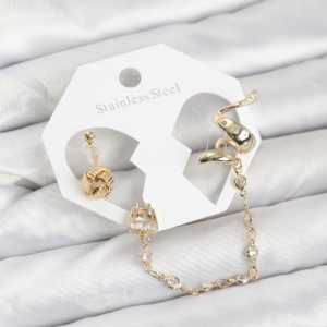 Pirinç Gold Renk Yılan Model Zincir Bağlantılı Ear Cuff Küpe Seti 5886
