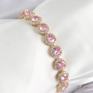 Pirinç Pembe Zirkon Taşlı Daire Baget Model Gold Renk VIP Seri Kadın Bileklik 5886