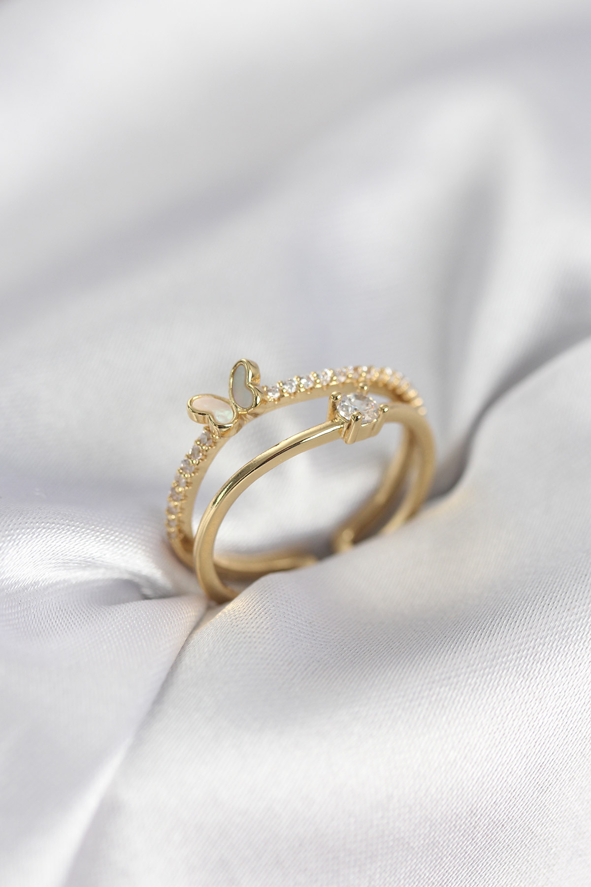 Gold Renk 2'li Zirkon Taşlı Kelebek Model Kadın Yüzük 5886 1 Gold Renk 2'li Zirkon Taşlı Kelebek Model Kadın Yüzük 5886