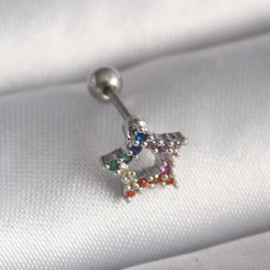 316L Çelik Gümüş Renk Renkli Zirkon Taşlı Yıldız Model Tragus Piercing 5886