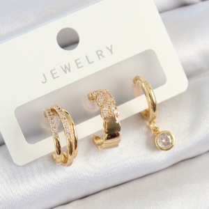 Pirinç Zirkon Taşlı Halka Model Gold Renk 3'lü Çift Kadın Küpe Set 5886