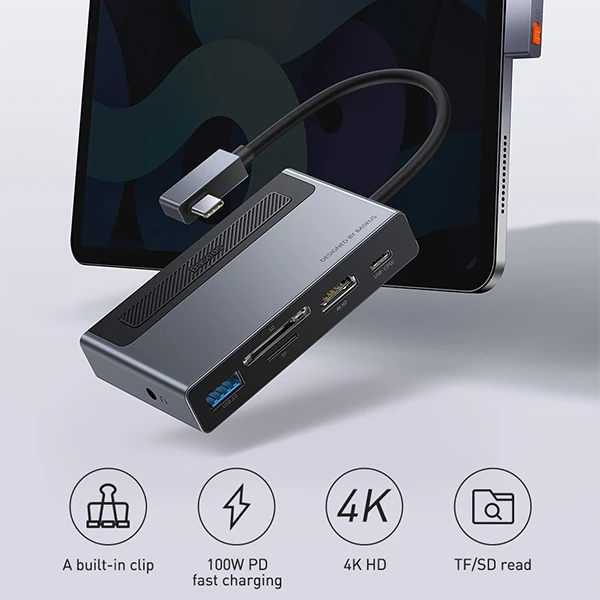 Baseus Magic Çok Fonksiyonlu Klipsli Type-C HUB 6in1 (USB3.0+SD+TF+HDMI+Type-C+3.5mm) Adaptör Çoklay 2 Baseus Magic Çok Fonksiyonlu Klipsli Type-C HUB 6in1 (USB3.0+SD+TF+HDMI+Type-C+3.5mm) Adaptör Çoklay - Görsel 2