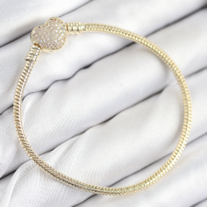 Pirinç Charm Zirkon Taşlı Kalp Model Gold Renk Kadın Bileklik 5886