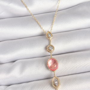 Pirinç Zincir Pembe Gold Renk Zirkon Taşlı Y Kolye 5886