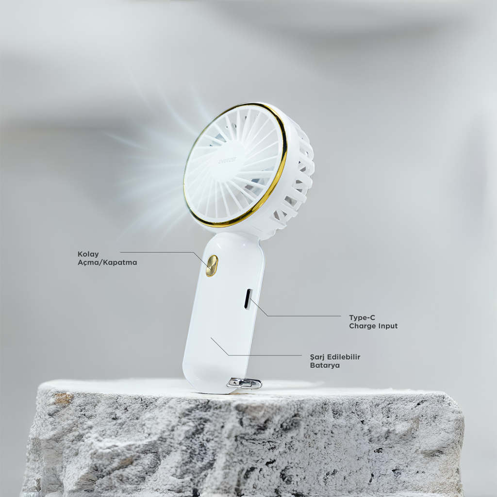 EVEREST EFN11, BEYAZ, 3 Kademeli Hız, Elde Kullanım, Dahili 900mAh Bataryalı, Type-C Şarj Girişli, Vantilatör(1923) 2 EVEREST EFN11, BEYAZ, 3 Kademeli Hız, Elde Kullanım, Dahili 900mAh Bataryalı, Type-C Şarj Girişli, Vantilatör(1923) - Görsel 2