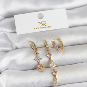 Pirinç Gold Renk Pembe Zirkon Taşlı 3'lü Kadın Küpe 5886