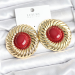 Pirinç Gold Renk Bordo Boncuklu Vintage Kadın Küpe 5886