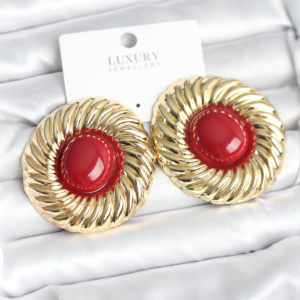 Pirinç Gold Renk Bordo Boncuklu Vintage Kadın Küpe 5886