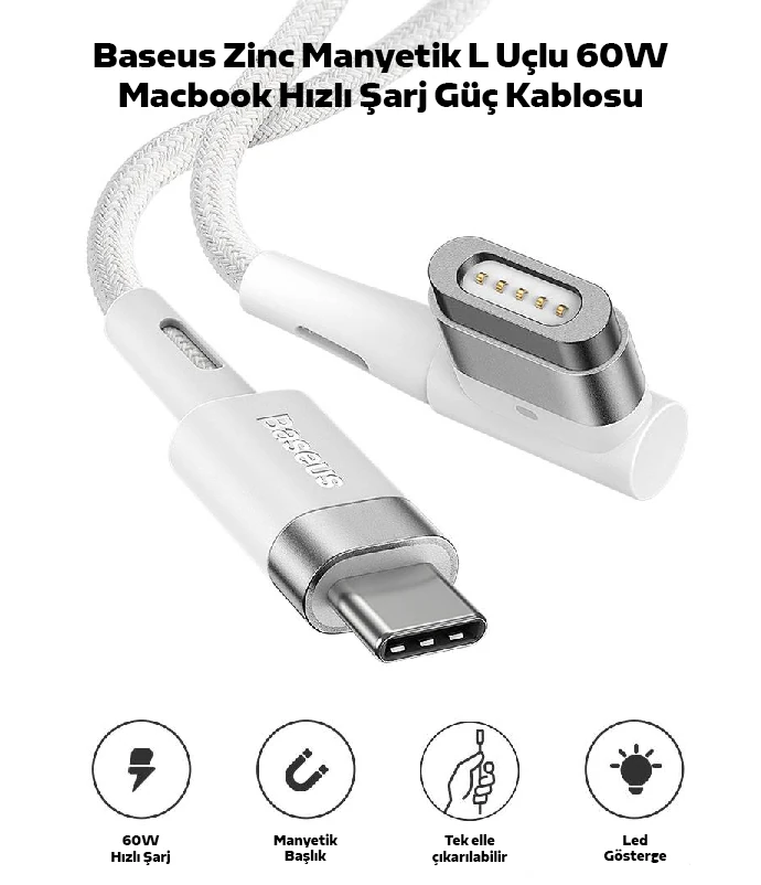 Baseus Zinc Manyetik L Uçlu 60W Macbook Hızlı Şarj Güç Kablosu 2m-(5775) 2 Baseus Zinc Manyetik L Uçlu 60W Macbook Hızlı Şarj Güç Kablosu 2m-(5775) - Görsel 2