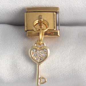 316L Çelik Gold Renk Sallantı Zirkon Taşlı Kalpli Anahtar Model Nomination Charm 5886
