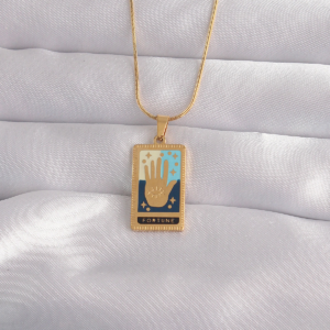 316L Çelik Gold Renk Karışık Mineli El Figür Tarot Kolye 5886