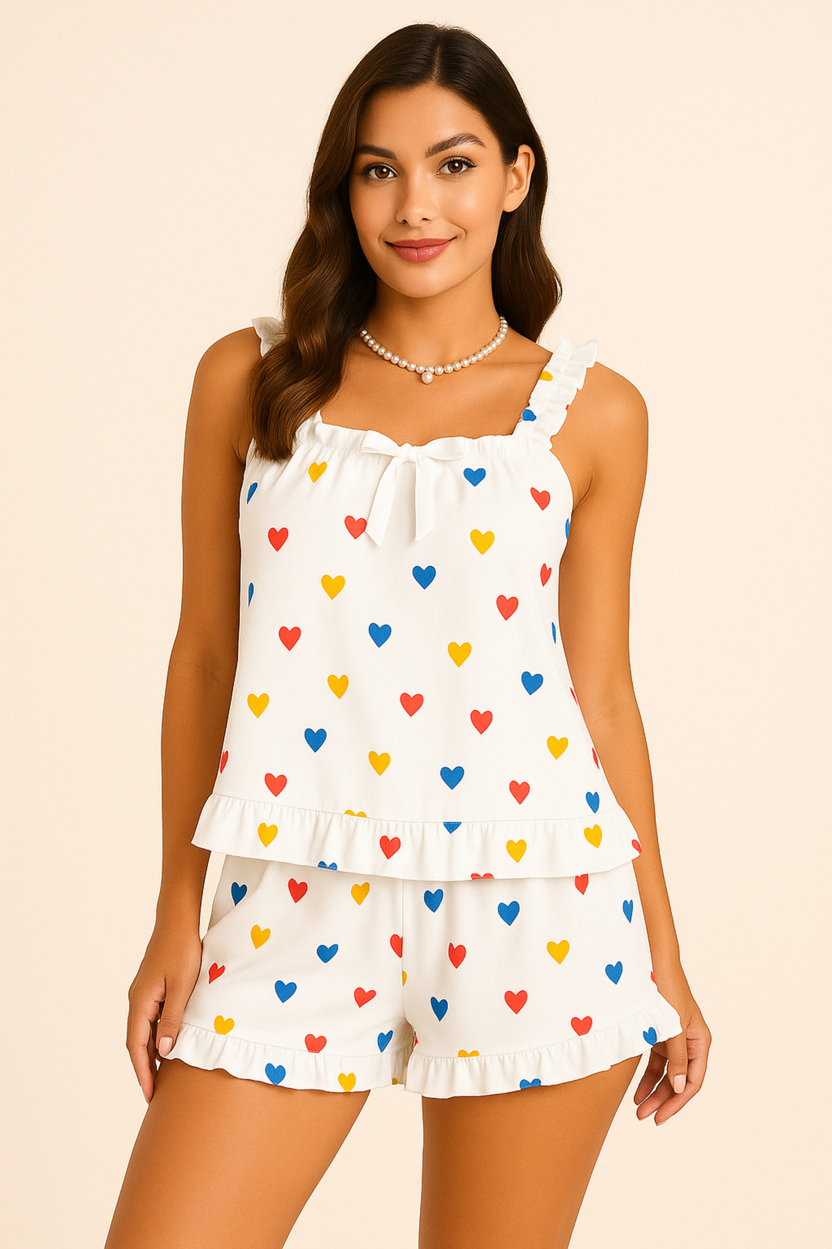 Kalp Baskılı Yumuşak Dokulu İp Askılı Şortlu Örme Pijama Takımı-(17952) 3 Kalp Baskılı Yumuşak Dokulu İp Askılı Şortlu Örme Pijama Takımı-(17952) - Görsel 3