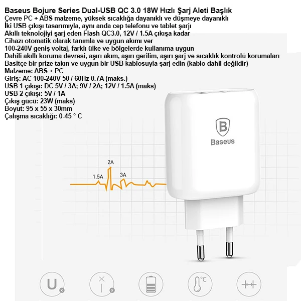 Baseus Bojure Series Dual-USB QC 3.0 18W Hızlı Şarj Aleti Başlık 3 Baseus Bojure Series Dual-USB QC 3.0 18W Hızlı Şarj Aleti Başlık - Görsel 3