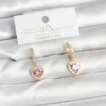 Pirinç Gold Pembe Renk Zirkon Taşlı Kalp Model Kadın Küpe 5886