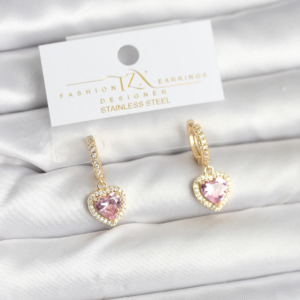 Haydiburaya 106 Pirinç Gold Pembe Renk Zirkon Taşlı Kalp Model Kadın Küpe 5886