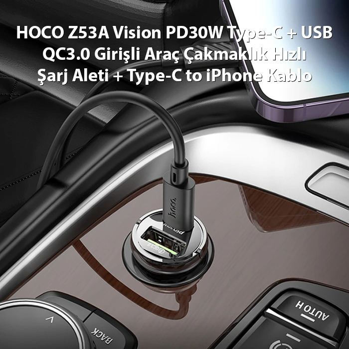 HOCO Z53A Vision PD30W Type-C + USB QC3.0 Girişli Araç Çakmaklık Hızlı Şarj Aleti + Type-C to iPhone-(5775) 2 HOCO Z53A Vision PD30W Type-C + USB QC3.0 Girişli Araç Çakmaklık Hızlı Şarj Aleti + Type-C to iPhone-(5775) - Görsel 2